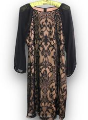 NWT Simply Liliana Black Lace Sheath Dress Tan Lined Sheer Sleeve Knee Length 14