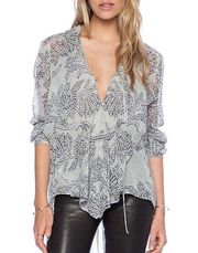 BCBGMAXAZRIA Joel Glacier Combo Gray Boho Silk Ruffle Blouse Size Small