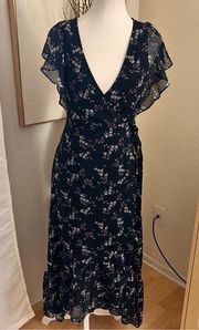 ANTHROPOLOGIE  Navy Floral High Low Wrap Dress Size XS