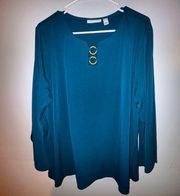 Susan Graver Peacock Green flare sleeve Pullover Stretchy Top Size XL