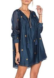 Tularosa Blythe Silk Navy & Embroidered Gold Stars Dress Sz XS