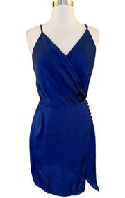 YOUNG FABULOUS and BROKE Blue Wrap Dress Mini Sleeveless V-Neck Satin Small NWT