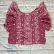Love Shack Fancy Pink Floral Embroidered Flutter Sleeve Top - Small