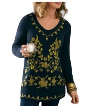 Blue Gold Embroidered Bird Floral Sweater M Vneck