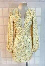 luxe NWT xandria yellow satin floral balloon sleeve mini dress size s