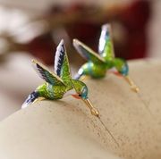 Adorable Blue Green Gold Enameled Hummingbird Half Hoop Post Earrings