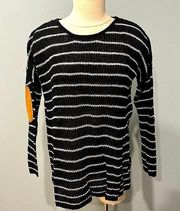 Urban Heritage Black & White Stripes Pullover Sweater with Suede Elbow Pads Sm