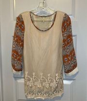 Gimmicks by BKE Tan/Orange Sheer Split Back Blouse size M