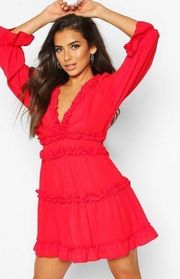 Boohoo  Red Ruffle Flowy Mini Dress / M