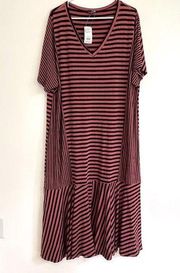 NEW NWT SUZANNE BETTRO Plus Size Pink Black Striped V-Neck Midi Shift Dress 1X