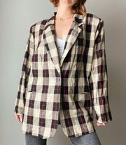 Vintage Requirements Beige Red Plaid Linen Blend Oversized Boyfriend Blazer