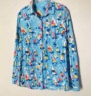 J McLaughlin Shirt Small Sailboat Nautical Watercolor Pucker Textured Cotton