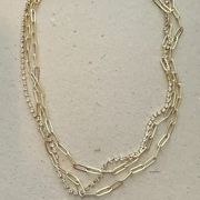 Gold 3 Strand Paper Clip & Rhinestone Necklace