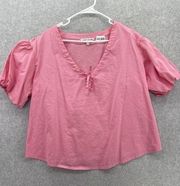 Elizabeth and James Women's Blouse Balloon Sleeve V Neck Solid Pink size Medium