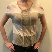 Miss Me Cold Shoulder Blouse Shirt Ball Chain Grunge Detail S SM Small Cream Tan