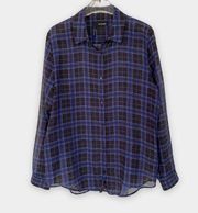 The‎ Kooples Shirt Womens Medium Sheer Plaid Black Blue Silk Blend Button Up