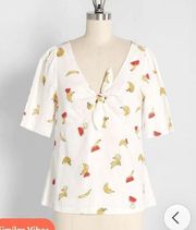 Modcloth Pack a Picnic Tie Front Linen Top Fruit Print Puff Sleeves Cream M