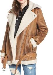 Avec Les Filles Faux Shearling Biker Jacket Coat Buckle Zipper Camel color Med