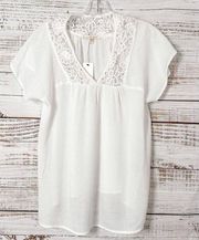 Under Skies Womens Lace Trim V Neck Short Sleeve Top Blouse White Size Small NWT