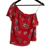 Collective Concepts Red One Shoulder Ruffle Floral Top Size XS New