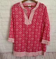 Sigrid Olsen hot pink and white coastal boho embroidered 3/4 sleeve top large