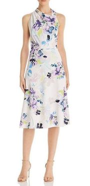 Donna Karan Halter Floral Midi Dress, Ivory Purple Size 12 New w/Tag Retail $158