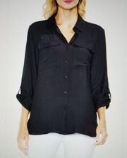 VINCE CAMUTO Womens Black Utility Roll-tab Sleeve Point Collar Button Up Top S