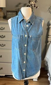 Riders Denim Jean Top Womens Small Button Down Collar Shirt Sleeveless Cotton