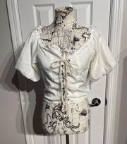 Fashion corset Vintage Y2K Puff Sleeve Coquette tie Ruffle trim Square neck Cropped Blouse rustic prairie cottage western Women's Size L