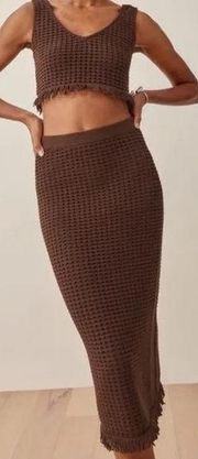 Reformation Lieta Crochet Cropped Top & Midi Skirt Set Brown Women's Size Small