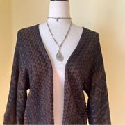 Peruvian Connection Levantine Cardigan Sweater Open Front Black Brown Printed S