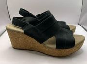 Clarks Collection Women's Black Leather Wedge Sandals Size 9.5M EUC Lafley Rosen