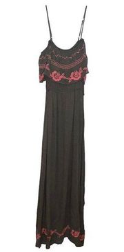 FRANCESCA'S MIAMI OLIVE GREEN CORAL EMBROIDERED MAXI OFF THE SHOULDER DRESS NEW