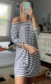 navy striped off the shoulder dress