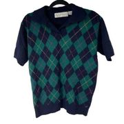 Vintage Blue Green Argyle Lambs Wool Angora Short Sleeve Collared  Sweater