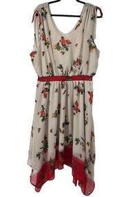 Ophelia Roe Off White Red Floral Handkerchief Hem Sleeveless Dress