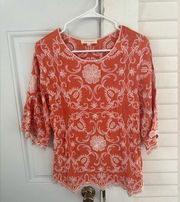 Solitaire Floral Embroidered Coral Blouse 3/4 Sleeve Size Small Boho Top