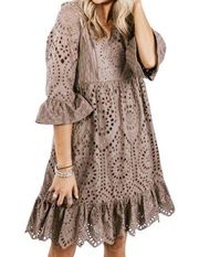 Hidden Alley Dress Midi Eyelet Lace Babydoll Dress Cocoa Brown Womens Size Small