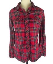 Eddie Bauer Women’s Button Down red plaid Long Sleeve Tee W/ Chest Pockets Sz M