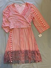 NWT NM Neiman Marcus 4 Faux Wrap Dress Stretch Jersey Knit Peach Black Polka Dot