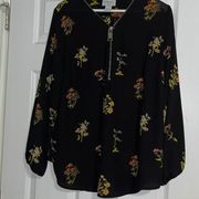 Carmen - Black Floral Blouse Silver Zipper - 1X