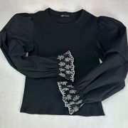 ZARA  ribbed long sleeve, black top with puff sleeves and lace cuffs. Size large