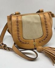 Sondra Roberts Squared cross stitched saddlebag handbag - tan and canvas