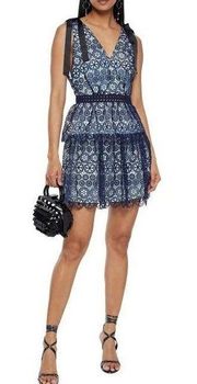 Self-Portrait Guipure Lace Bow Embellished Mini Dress Blue Size 4