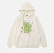 Cream Apricot  Embroidery Cartoon Ghost Hoodie