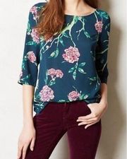 Anthropologie HD In Paris Teal Floral Blouse Short Sleeves Boat Neck Sz 4