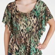 Daytrip Green & Tan Subliminal Animal Print Flutter Sleeve Sweater Size Medium