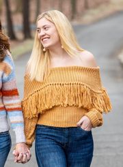 Style Mustard Fringe Off The Shoulder Sweater