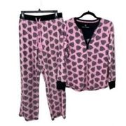 Betsey Johnson Women's Pink & Black Heart Thermal Pajama Set Size Medium