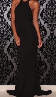 ABYSS BY ABBY BLACK HALTER Ruched Low Back Black Gown Maxi Dress Night Size XS